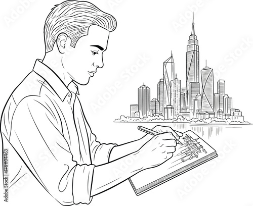 Architect drawing city skyline, man sketching urban buildings, creative designer illustration, professional architecture art, city planning concept, modern development sketch