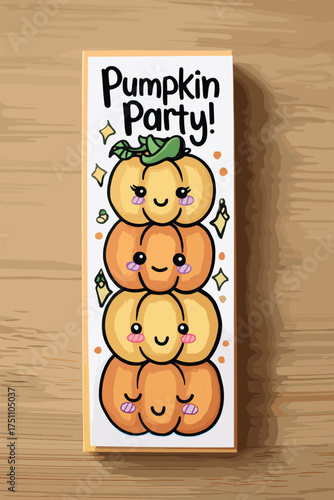 Pumpkin party card with kawaii jack-o-lantern stack, each pumpkin showing different cute expressions vector illustration