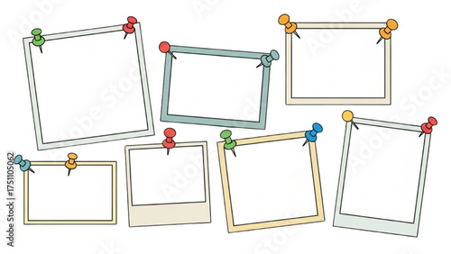 Blank Photo Frames with Push Pins in a Colorful Arrangement
