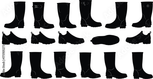Boot silhouettes collection, tall and ankle footwear vector artwork, outdoor shoes illustration, fashion design elements, rugged sole detail, cad drawing flat vector illustration