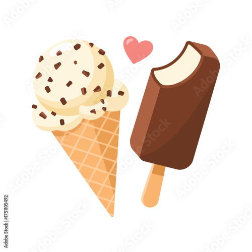 Sweet treats vanilla ice cream cone and chocolate covered ice cream bar