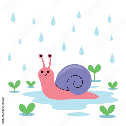 Cute pink snail with purple shell in the rain