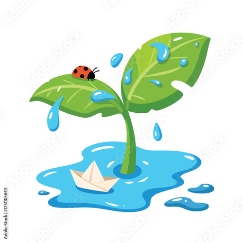 Ladybug on a sprout with a paper boat in a puddle