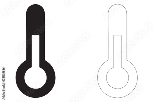 Black and white thermometer icons for weather temperature and medical health monitoring applications and climate condition measurements for graphic design elements