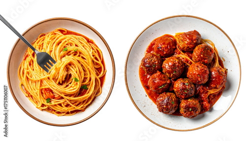 Italian Cuisine Set Featuring Spaghetti with Tomato Sauce and Meatballs, isolated on transparent background