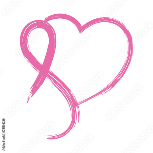 Pink breast cancer awareness ribbon intertwined with a heart shape on a white background