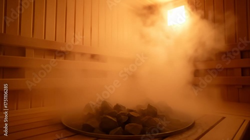 Steam Rising From Hot Stones in a Finnish Sauna, Relaxation and Wellness