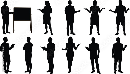 Silhouette people presenting vector illustration, business communication gestures, professional body language design, corporate training concept, education lecture scene, teamwork presentation art