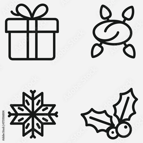 Winter holiday celebration outline icon set featuring a Christmas present, festive lights, a detailed snowflake, and a holly sprig design