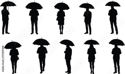 Silhouette people holding umbrellas vector illustration, rainy weather scene, urban lifestyle design, protection from rain concept, crowd standing under umbrellas