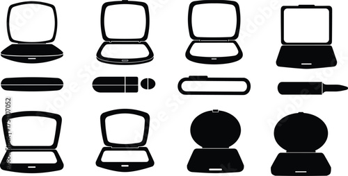 Cosmetic containers and compacts silhouettes collection, makeup packaging vector artwork, beauty accessories illustration, fashion design concept, cad drawing flat vector illustration