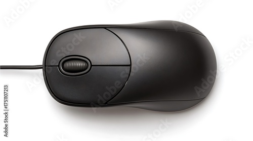 A close up shot of a black computer mouse on a plain white background
