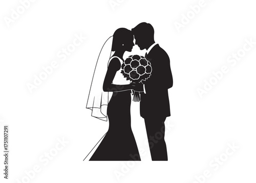 Vector art of silhouette of a bride and groom in black color