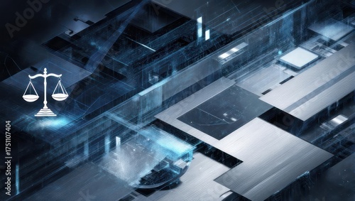 Digital justice representation with scales of justice icon overlayed on a tech circuit board