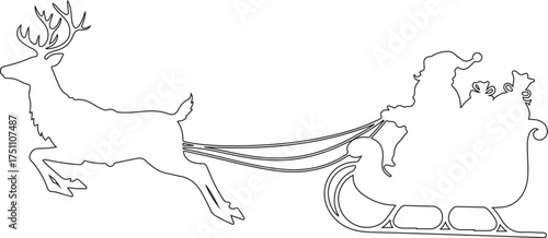 Whimsical outline drawing of santa claus riding in his sleigh pulled by a reindeer against a white background