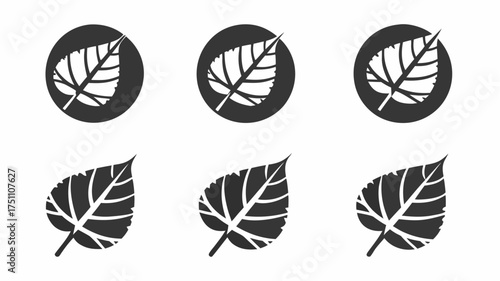 Illustration of three leaf icons inside circles and three leaf icons below them in a simple arrangement | editable eps vectors silhouette