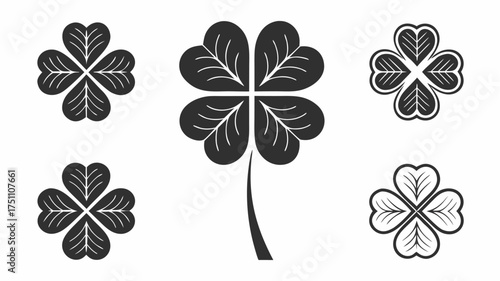Collection of five four leaf clovers in various styles and orientations on a white background surface | editable eps vectors silhouette
