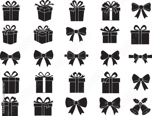 Collection of black and white silhouette gift boxes and bows for holiday celebrations and decorations