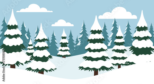 Snow-covered evergreen trees in a winter forest landscape.