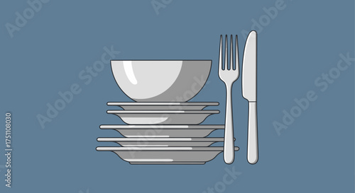 Stack of clean white dishes with fork and knife.