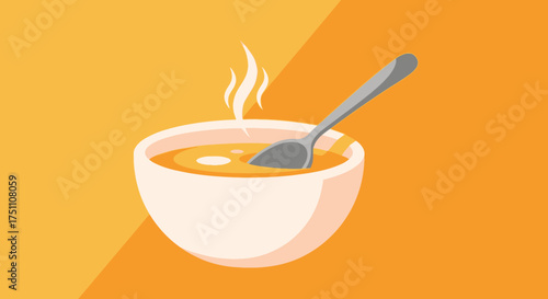 Steaming Hot Bowl of Delicious Soup with a Spoon.