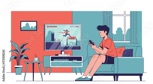 Young man playing video games with a controller in his hands.