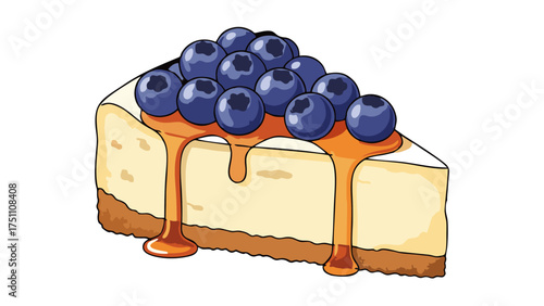 Delicious Slice of Cheesecake Topped with Fresh Blueberries and Caramel Drizzle.