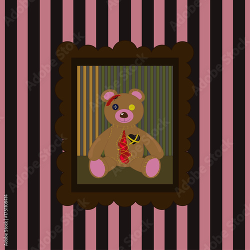 Scary Teddy bear portrait in the vintage frame  with Stitches and Buttons. Halloween poster. Design for greeting card, party invitation, banner, postcard. Vector illustration