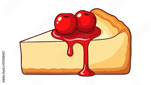 Delicious Slice of Creamy Cheesecake Topped with Red Cherry Sauce.