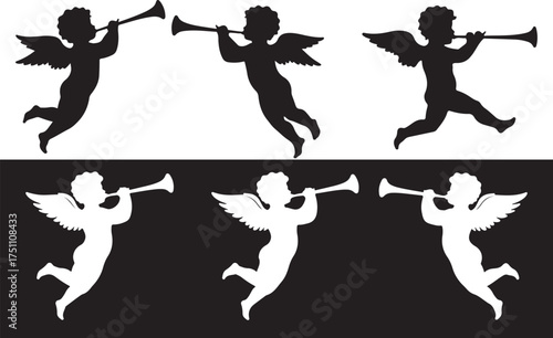 Set of six angelic cherub silhouettes playing trumpets in black and white contrasting backgrounds