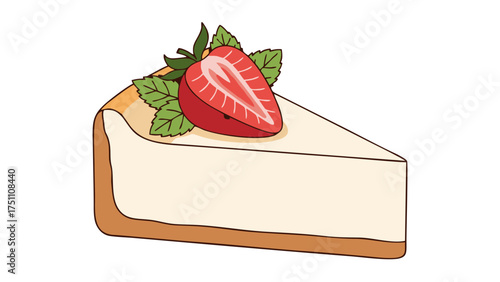 Delicious Slice of Creamy Cheesecake Topped with Fresh Strawberry and Green Leaves.