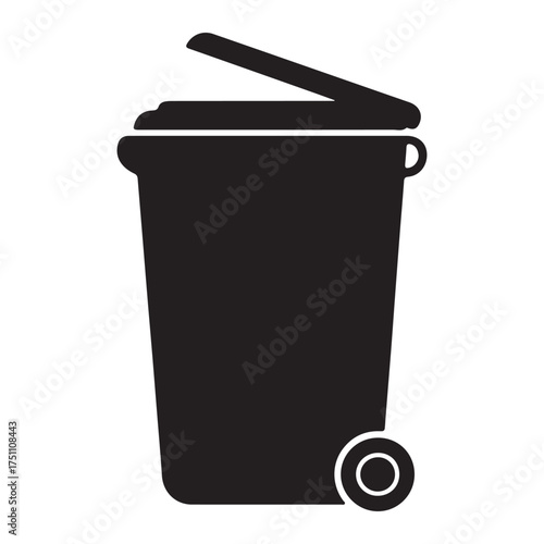 Black silhouette illustration of a wheeled garbage can with partially open lid ideal for recycling or waste management themes