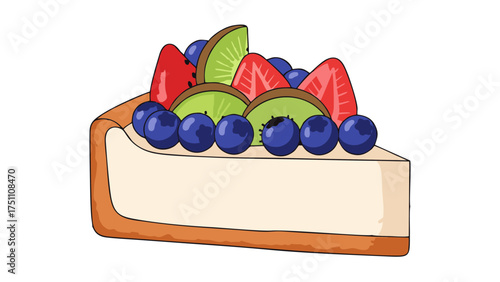 Delicious Watercolor Slice of Cheesecake Topped with Fresh Berries and Kiwi.