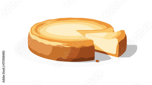 Deliciously Baked Golden Brown Cheesecake with a Slice Removed.