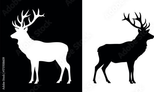 Striking silhouette of a majestic stag with antlers against a contrasting black and white background