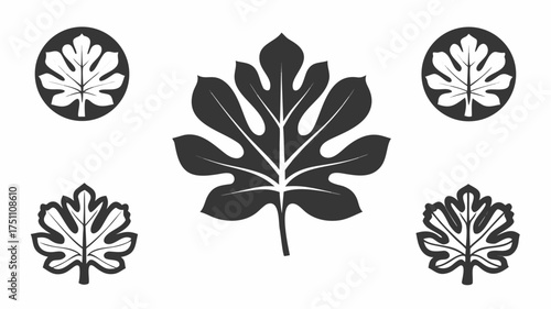 Collection of five stylized fig leaf illustrations in varying designs and arrangements on white background | editable eps vectors silhouette