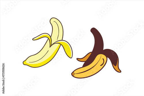 Two bananas shown in different states of peel a striking silhouette