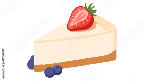 A delicious slice of creamy cheesecake with a graham cracker crust, topped with a fresh strawberry and blueberries.