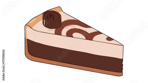 Appetizing layered chocolate and cream cake slice with decorative swirl and chocolate garnish.