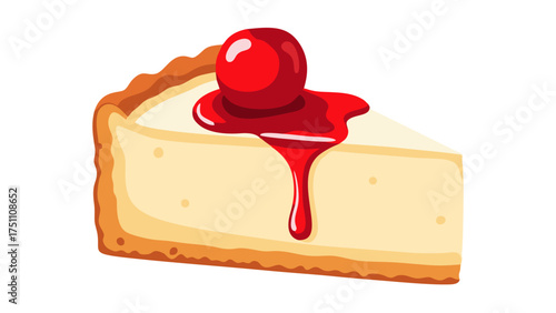Cartoon illustration of a creamy cheesecake slice with a golden crust, topped with a glossy red cherry and dripping sauce.