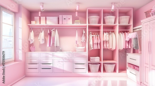 Pink Modern Walk-in Closet with Shelves and Hanging Storage for Fashion and Organization