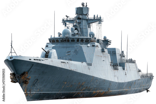 Modern, grey warship with complex radar systems, antennas, and weaponry, isolated on black