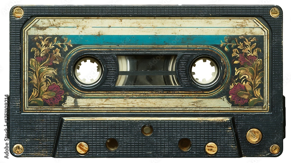 Close up of a decorated audio cassette tape with floral embellishments