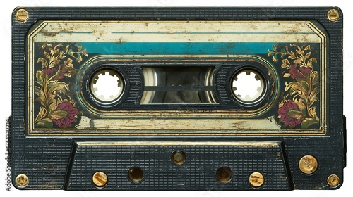 Close up of a decorated audio cassette tape with floral embellishments