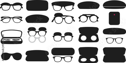 Eyeglasses and cases silhouettes collection, eyewear accessories vector artwork, optical storage illustration, fashion vision design, cad drawing flat vector illustration