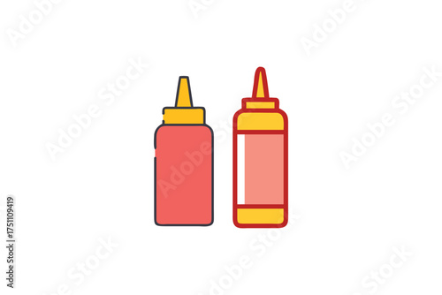Three colorful condiment bottles stand together a simple outline silhouette