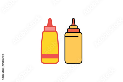 Two colorful condiment bottles rendered in a simple pixel art silhouette
