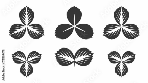 A collection of stylized strawberry leaves arranged in a pattern on a white background design element | editable eps vectors silhouette