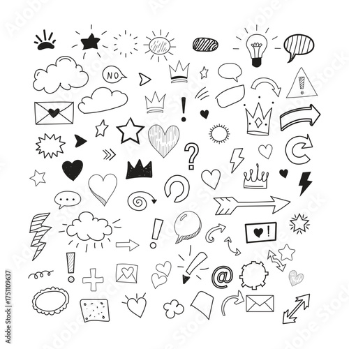 Collection of hand drawn doodle icons and symbols representing ideas communication and creativity in a sketchy black and white style