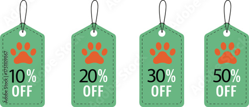 Green paw print discount tag, pet shop sale label, promotional offer sticker, retail price badge, marketing symbol, cad drawing flat vector illustration